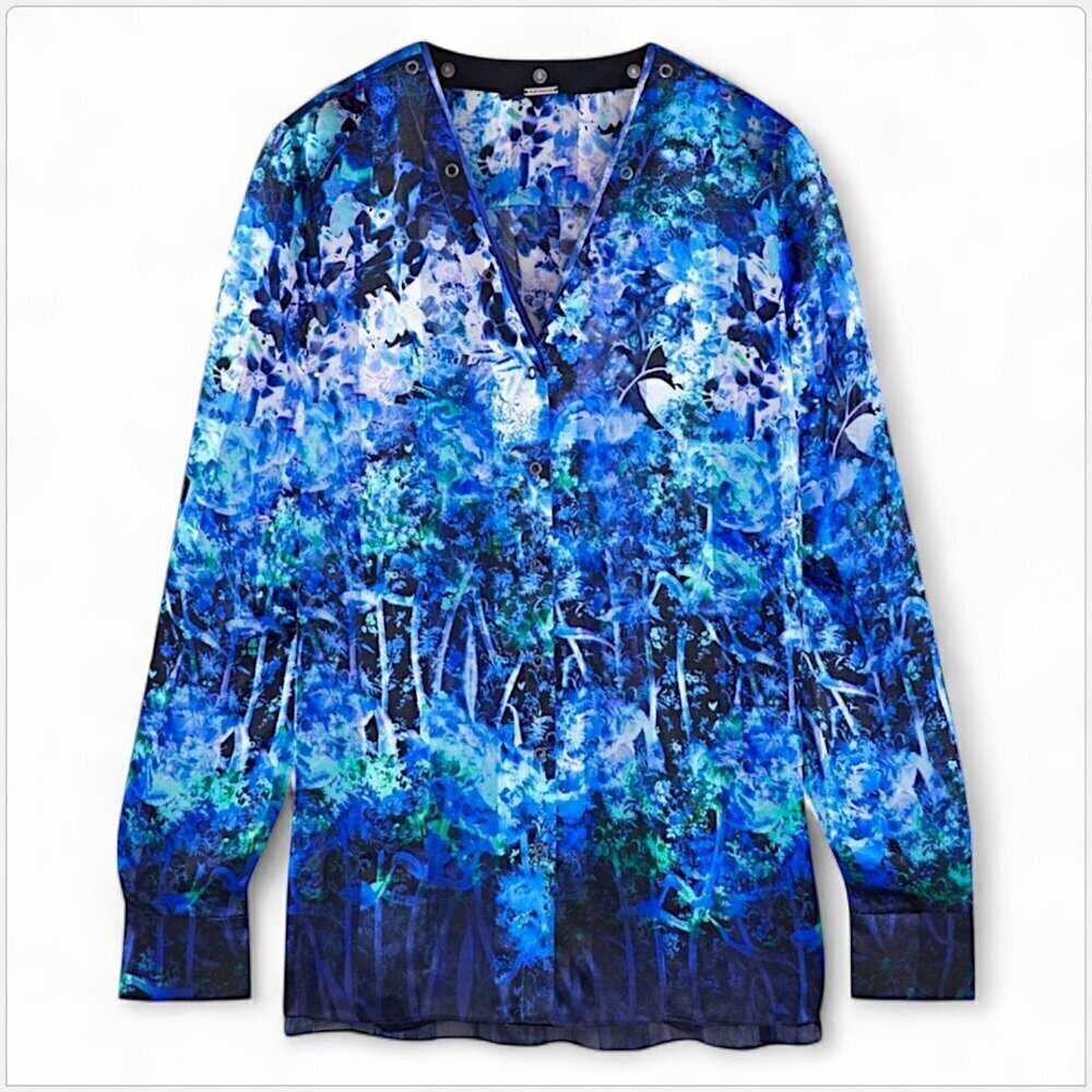 Elie Tahari Lydia Leather Trimmed Floral Snap Front Silk Blue Top Blouse XS - Picture 3 of 7